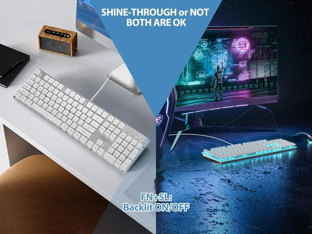Alt view image 2 of 5 - iRoboosta Quiet Keyboard Wired Membrane Keyboard White, Full Size 104 Keys Light Up Key Board with Number Pad, Blue LED Backlit, Metal Panel, Squre Keycaps, USB Computer Keyboards (White)