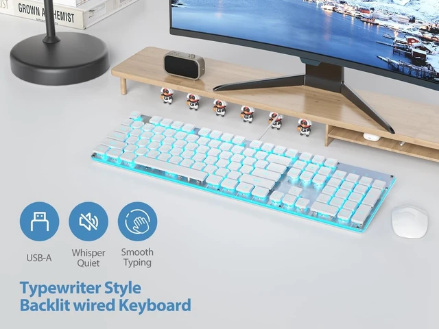 Alt view image 5 of 5 - iRoboosta Quiet Keyboard Wired Membrane Keyboard White, Full Size 104 Keys Light Up Key Board with Number Pad, Blue LED Backlit, Metal Panel, Squre Keycaps, USB Computer Keyboards (White)