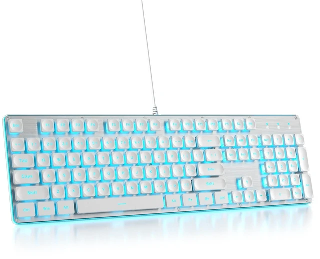 Main image of iRoboosta Quiet Keyboard Wired Membrane Keyboard White, Full Size 104 Keys Light Up Key Board with Number Pad, Blue LED Backlit, Metal Panel, Squre Keycaps, USB Computer Keyboards (White)