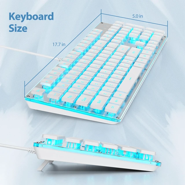 Alt view image 3 of 5 - iRoboosta Quiet Keyboard Wired Membrane Keyboard White, Full Size 104 Keys Light Up Key Board with Number Pad, Blue LED Backlit, Metal Panel, Squre Keycaps, USB Computer Keyboards (White)