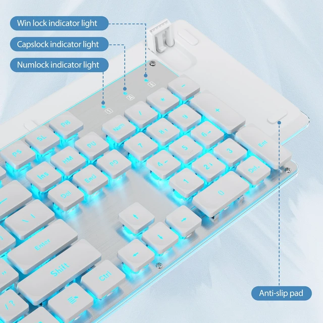Alt view image 4 of 5 - iRoboosta Quiet Keyboard Wired Membrane Keyboard White, Full Size 104 Keys Light Up Key Board with Number Pad, Blue LED Backlit, Metal Panel, Squre Keycaps, USB Computer Keyboards (White)