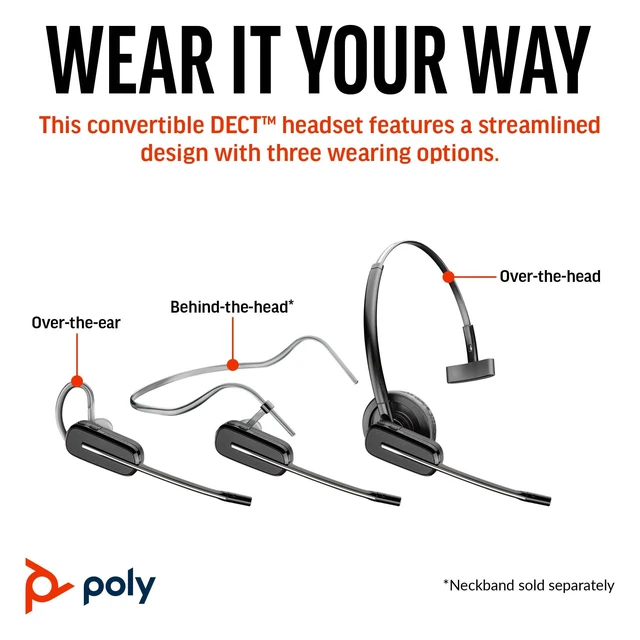 Alt view image 2 of 4 - Poly CS540 Wireless DECT Headset (Plantronics) Single Ear (Mono) Convertible (3 wearing styles) Connects to Desk Phone Noise Canceling Microphone Exclusive