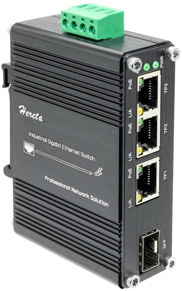 Main image of Hardened Industrial 3-Port Gigabit PoE Ethernet Switch,Mini Unmanaged Fiber Network Switch, 3 Port 802.3af/at PoE+ +1 Port 100/1000X SFP, 90W PoE Budget,12~48VDC Input, IP40 Aluminum Case, Din-Rail