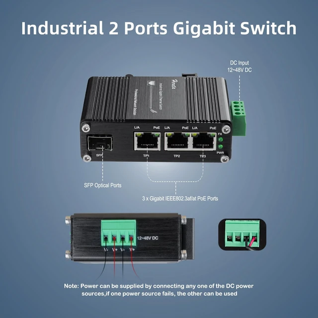 Alt view image 2 of 5 - Hardened Industrial 3-Port Gigabit PoE Ethernet Switch,Mini Unmanaged Fiber Network Switch, 3 Port 802.3af/at PoE+ +1 Port 100/1000X SFP, 90W PoE Budget,12~48VDC Input, IP40 Aluminum Case, Din-Rail