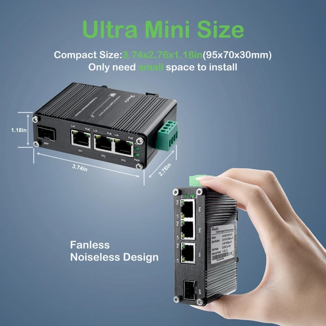 Alt view image 3 of 5 - Hardened Industrial 3-Port Gigabit PoE Ethernet Switch,Mini Unmanaged Fiber Network Switch, 3 Port 802.3af/at PoE+ +1 Port 100/1000X SFP, 90W PoE Budget,12~48VDC Input, IP40 Aluminum Case, Din-Rail
