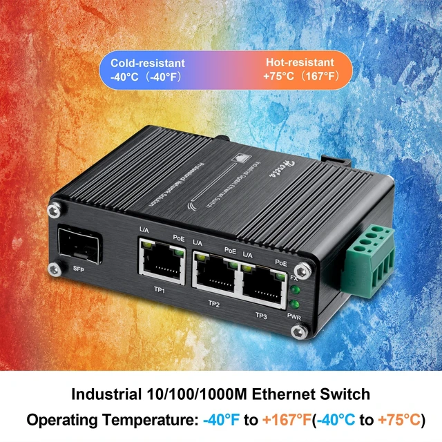 Alt view image 4 of 5 - Hardened Industrial 3-Port Gigabit PoE Ethernet Switch,Mini Unmanaged Fiber Network Switch, 3 Port 802.3af/at PoE+ +1 Port 100/1000X SFP, 90W PoE Budget,12~48VDC Input, IP40 Aluminum Case, Din-Rail