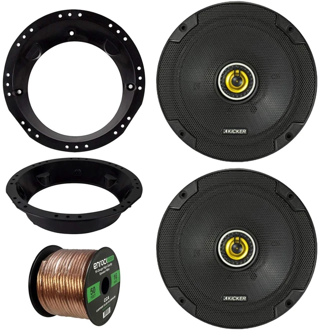 Main image of 98-13 Harley Speaker Bundle: 2 Kicker CSC674 6-3/4" 600 Watt CS-Series Black Car Coaxial Speakers Combo with Speaker Mounting Rings for Motorcycles, Enrock 50 ft 16 Gauge Speaker Wire