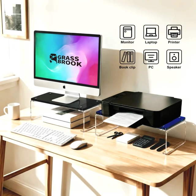 Alt view image 4 of 5 - GRASS BROOK Acrylic Monitor & Laptop Stand Riser L18.5 x H5, Black