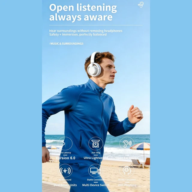 Alt view image 3 of 5 - Bewinner Open Wireless Headphones 6.0 Immersive Sound Over Ear Open Back Headphones 20H Playtime Foldable Breathable Comfort Fit for Workout