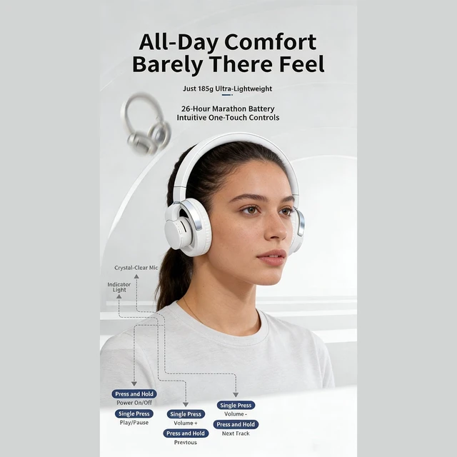 Alt view image 4 of 5 - Bewinner Open Wireless Headphones 6.0 Immersive Sound Over Ear Open Back Headphones 20H Playtime Foldable Breathable Comfort Fit for Workout