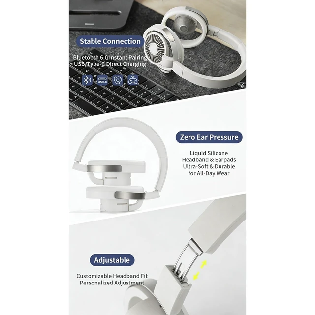 Alt view image 5 of 5 - Bewinner Open Wireless Headphones 6.0 Immersive Sound Over Ear Open Back Headphones 20H Playtime Foldable Breathable Comfort Fit for Workout