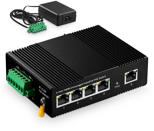 Main image of 5 Port PoE Industrial Ethernet Switch, 4 POE IEEE802.3af/at, 1 Uplink, 10/100Mbps, Fanless Metal Din Rail and Wall Mount, with One 60W PoE Power Supply
