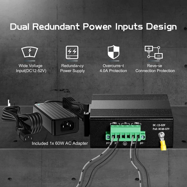 Alt view image 4 of 5 - 5 Port PoE Industrial Ethernet Switch, 4 POE IEEE802.3af/at, 1 Uplink, 10/100Mbps, Fanless Metal Din Rail and Wall Mount, with One 60W PoE Power Supply