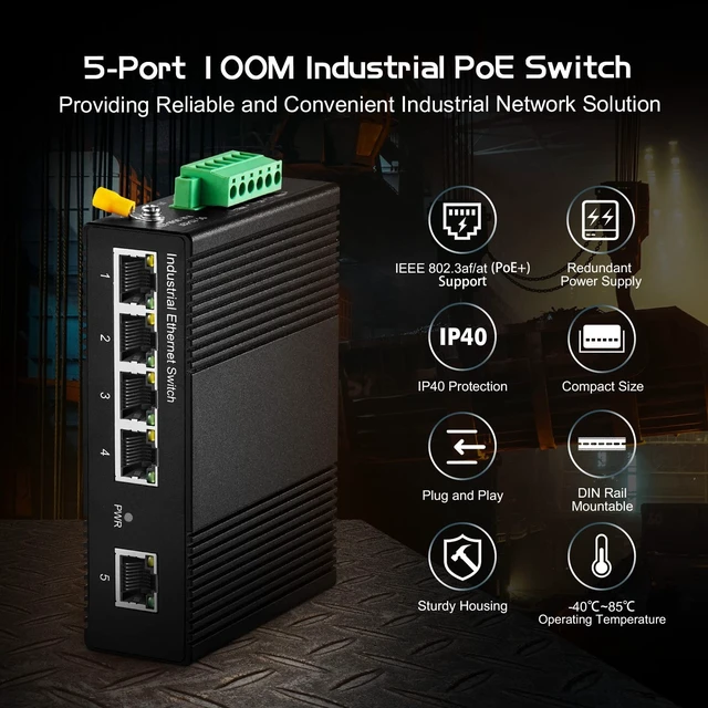 Alt view image 2 of 5 - 5 Port PoE Industrial Ethernet Switch, 4 POE IEEE802.3af/at, 1 Uplink, 10/100Mbps, Fanless Metal Din Rail and Wall Mount, with One 60W PoE Power Supply