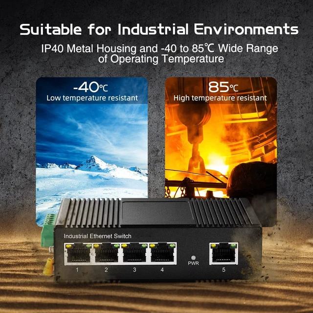 Alt view image 3 of 5 - 5 Port PoE Industrial Ethernet Switch, 4 POE IEEE802.3af/at, 1 Uplink, 10/100Mbps, Fanless Metal Din Rail and Wall Mount, with One 60W PoE Power Supply