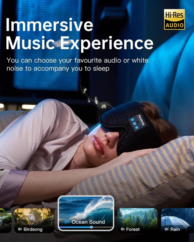 Alt view image 2 of 5 - Sleep Mask and Headband Headphones Set, 14 Hours of Your Favorite Sounds + Complete Darkness - Zero Pressure on Your Ears When You Side Sleep - Bluetooth Headphones for Travel, ASMR, Meditation