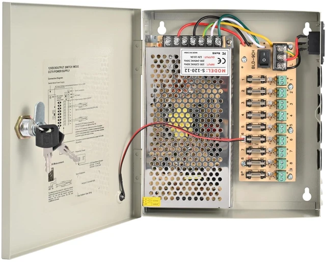 Main image of 9-Channel 12V DC 5A CCTV Power Distribution Box, AC110V to DC12V Security Camera Power Supply with AC Plug and Locking Metal Cabinet for DVR/NVR Surveillance Systems (9-Channel/5A)