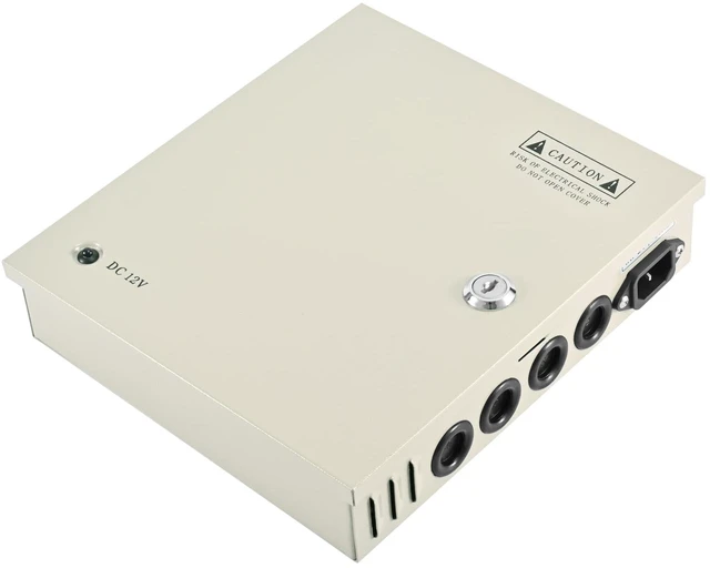 Alt view image 3 of 5 - 9-Channel 12V DC 5A CCTV Power Distribution Box, AC110V to DC12V Security Camera Power Supply with AC Plug and Locking Metal Cabinet for DVR/NVR Surveillance Systems (9-Channel/5A)