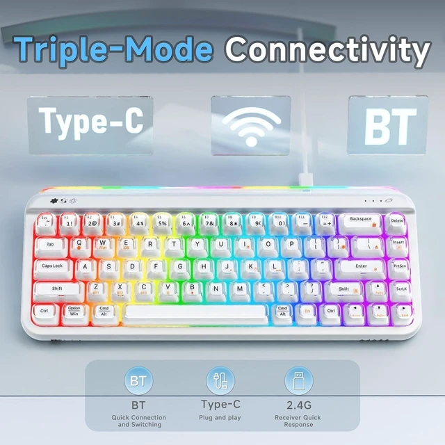 Alt view image 3 of 5 - ZIYOU LANG x A.Jazz AF68 Wireless Gaming Keyboard,Tri-Mode BT/2.4G/USB-C Keyboard with RGB Backlit,Clear Transparent Keycaps,68-Key Compact Membrane Keyboard for PC Laptop Aesthetic Desk Setup-