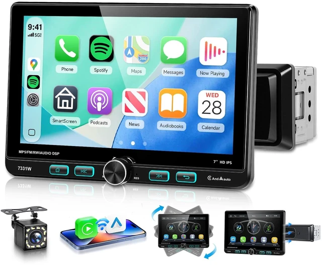 Main image of 7 Inch Single Din Radio with Wireless/Wired CarPlay Android Auto IPS Adjustable Swivel Touchscreen MirrorLink FM/AM/RDS Radio SWC EQ Bluetooth 5.2 Backup Camera Support DVR Colorful RGB Backlig