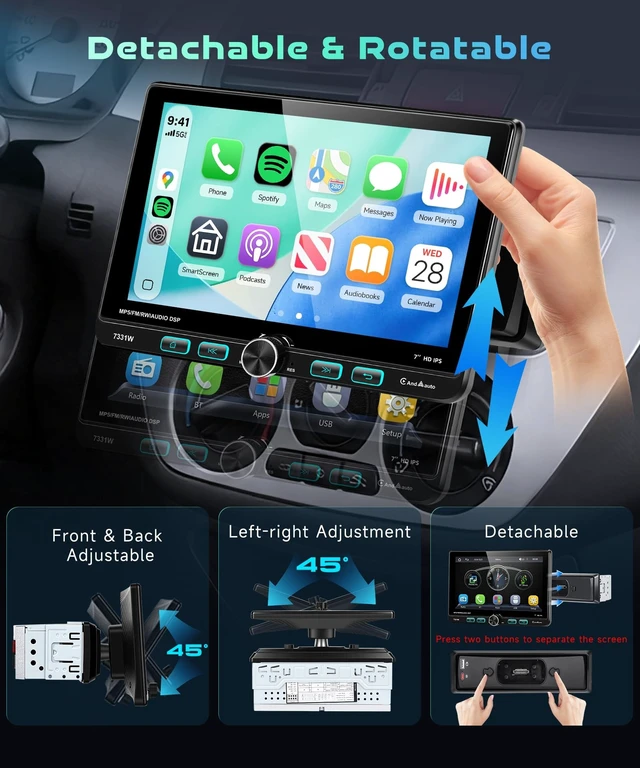 Alt view image 2 of 5 - 7 Inch Single Din Radio with Wireless/Wired CarPlay Android Auto IPS Adjustable Swivel Touchscreen MirrorLink FM/AM/RDS Radio SWC EQ Bluetooth 5.2 Backup Camera Support DVR Colorful RGB Backlig