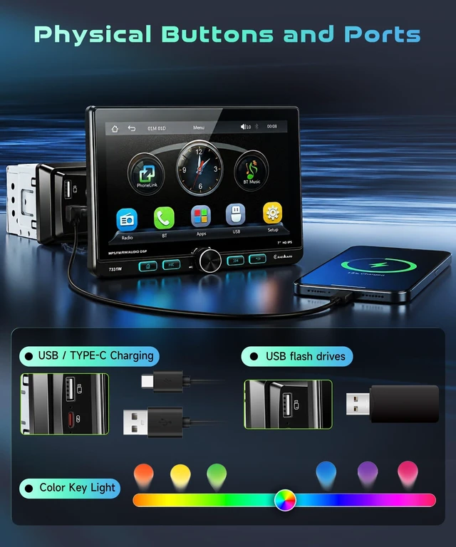 Alt view image 3 of 5 - 7 Inch Single Din Radio with Wireless/Wired CarPlay Android Auto IPS Adjustable Swivel Touchscreen MirrorLink FM/AM/RDS Radio SWC EQ Bluetooth 5.2 Backup Camera Support DVR Colorful RGB Backlig