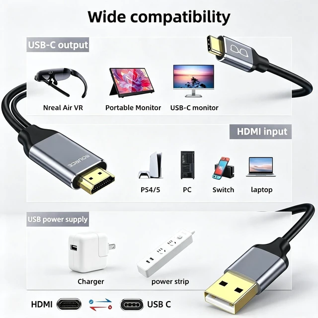Alt view image 2 of 5 - XinYaa HDMI to USB-C Cable with Power 4K@60Hz 6.6FT for PC to AR Glasses
