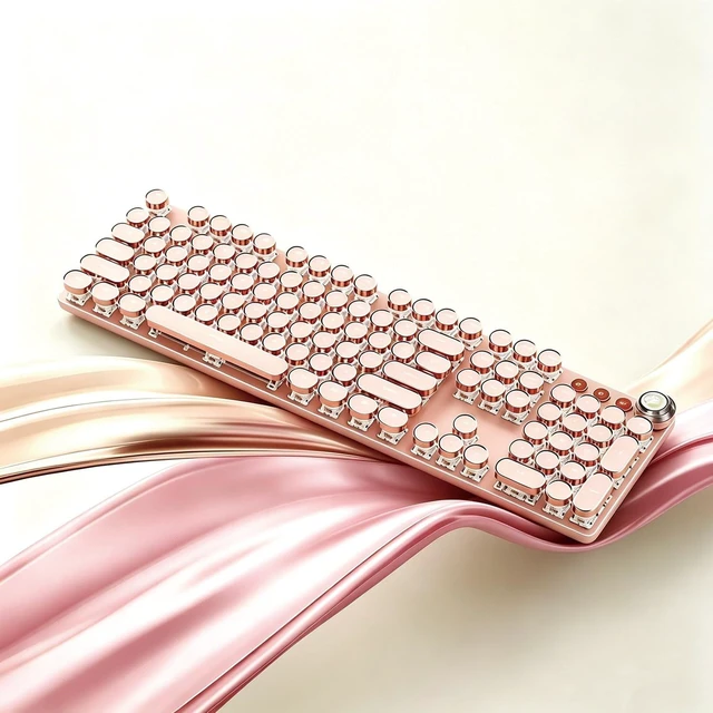 Main image of Hnjugfe Pink 104 Keys Retro Typewriter Keyboard, Wired USB Keyboard with Round Keycaps & LED Backlit, Aesthetic Keyboard for Office Home Gaming, Compatible with PC Laptop Mac Windows