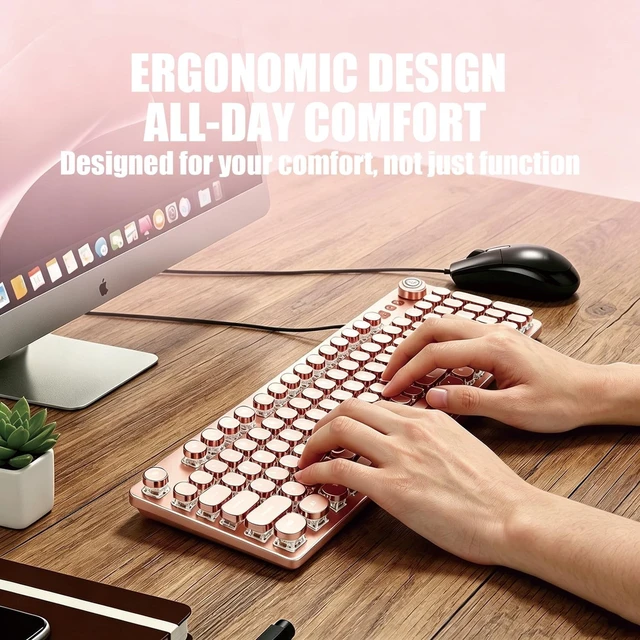 Alt view image 2 of 5 - Hnjugfe Pink 104 Keys Retro Typewriter Keyboard, Wired USB Keyboard with Round Keycaps & LED Backlit, Aesthetic Keyboard for Office Home Gaming, Compatible with PC Laptop Mac Windows