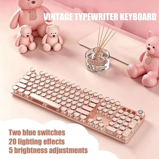 Alt view image 4 of 5 - Hnjugfe Pink 104 Keys Retro Typewriter Keyboard, Wired USB Keyboard with Round Keycaps & LED Backlit, Aesthetic Keyboard for Office Home Gaming, Compatible with PC Laptop Mac Windows