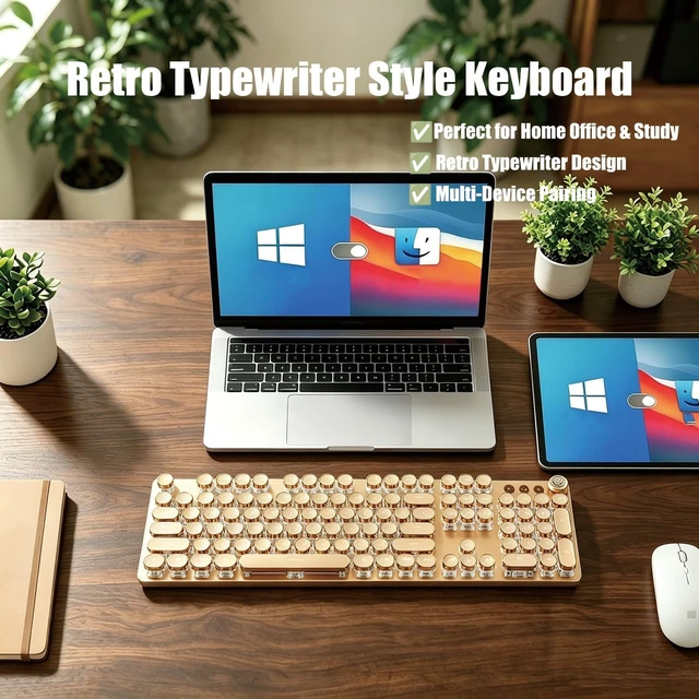 Alt view image 5 of 5 - Hnjugfe Pink 104 Keys Retro Typewriter Keyboard, Wired USB Keyboard with Round Keycaps & LED Backlit, Aesthetic Keyboard for Office Home Gaming, Compatible with PC Laptop Mac Windows