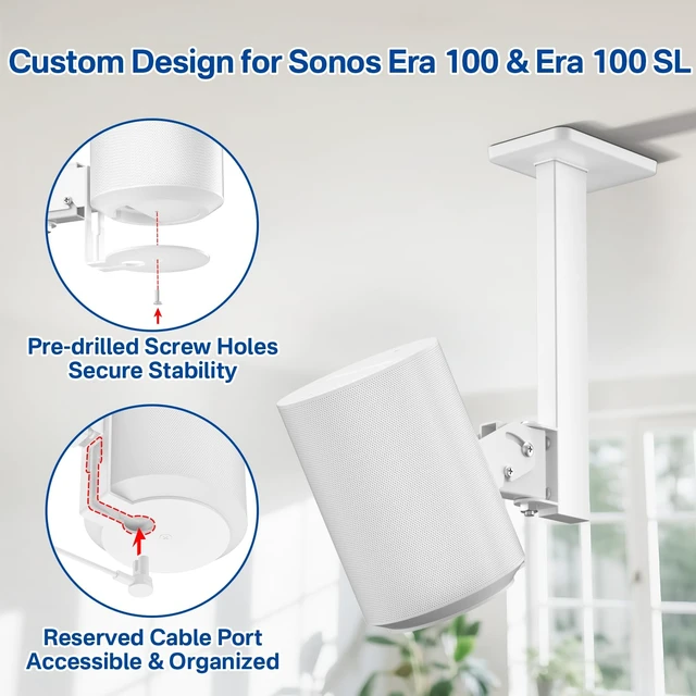 Alt view image 2 of 5 - 2 Pack Speaker Mount for Sonos Era 100 and Era 100 SL Ceiling Mount Tilt +15/-30 & Swivel 90 Adjustable for Sonos Era 100 Mounting for Better Sound Included Screw Kits Easy to Install, White