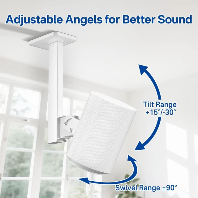 Alt view image 3 of 5 - 2 Pack Speaker Mount for Sonos Era 100 and Era 100 SL Ceiling Mount Tilt +15/-30 & Swivel 90 Adjustable for Sonos Era 100 Mounting for Better Sound Included Screw Kits Easy to Install, White