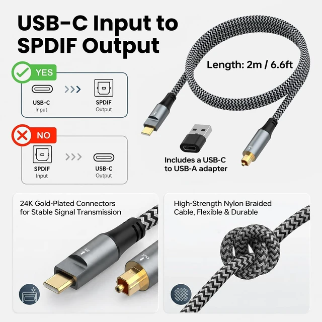 Alt view image 4 of 5 - upxuntek USB-C to Toslink Optical Audio Cable 3.3FT, Braided Type-C to SPDIF Digital Fiber Optic Cord with USB-A Adapter, Unidirectional Audio Out for PC, Laptop, PS5 to Soundbar