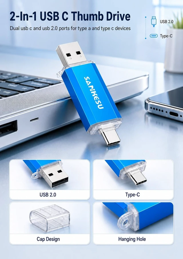 Alt view image 4 of 5 - SANKESU 256GB USB C Flash Drive, Thumb Drive USB-A & Type-C OTG Memory Stick, Dual Jump Drive for PC/Laptop/Type C Cell Phone and Tablet (Blue)