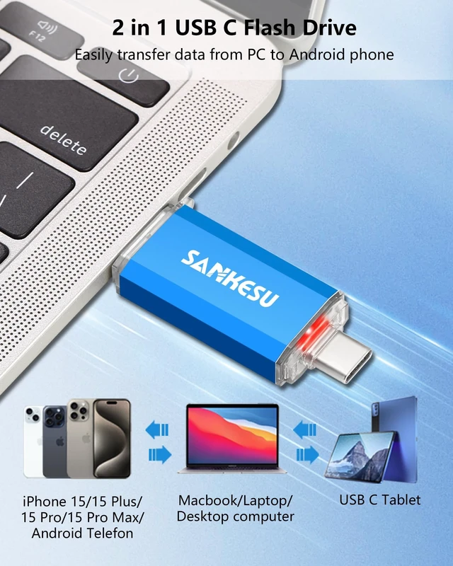 Alt view image 3 of 5 - SANKESU 256GB USB C Flash Drive, Thumb Drive USB-A & Type-C OTG Memory Stick, Dual Jump Drive for PC/Laptop/Type C Cell Phone and Tablet (Blue)