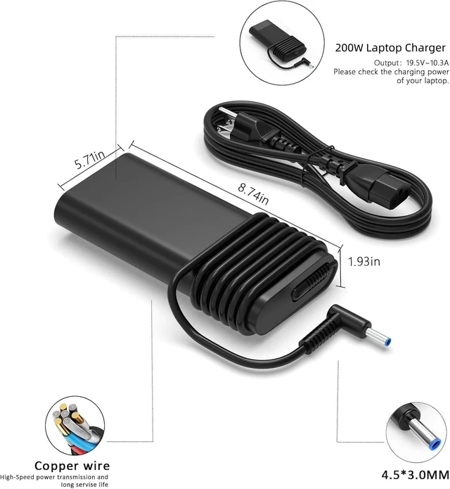 Alt view image 4 of 5 - GERVGHS 200W Laptop Charger Compatible with HP Victus 15 17 Omen Pavilion Gaming 15 17 ZBook Fury Create Studio 17 15 G9 G10 G8 G7 G6 G5 G4 Envy 15 15u 2020 TPN-DA10 L00818-850 Power Cord