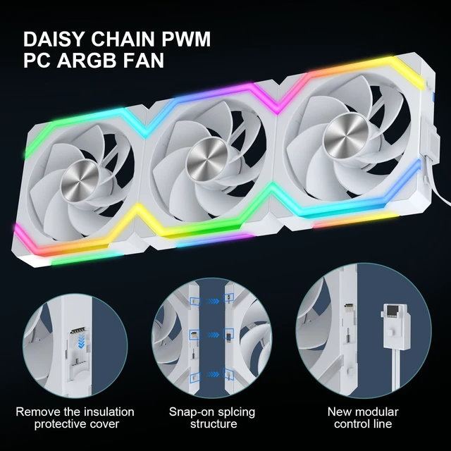 Alt view image 4 of 5 - Iesooy ARGB Cooling Fan, Modular Stackable Splicing PWM Silent for Cases CPU Liquid Coolers, 1800 RPM, 120mm PC Case Fan, ARGB Async Mode/Sync Mode, Daisy Chain PWM PC RGB Fans White, Reverse