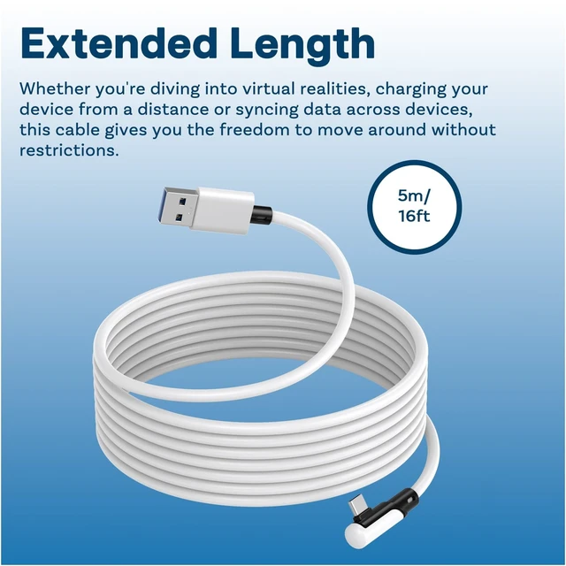 Alt view image 4 of 5 - MMOBIEL VR Link Cable USB-A to USB-C, 16.4 ft (5m) White PVC, 90 Type-C Connector 5Gbps Data Transfer & Charging Compatible with Meta Quest 3S/3/2/Pro, Pico 4 Ultra/4, PC & SteamVR
