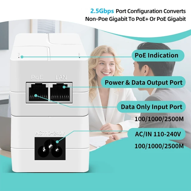 Alt view image 3 of 5 - Davuaz 2.5G PoE Injector Up to 90w Power Supply, PoE Adapter for IP Cameras and IP Phones Network Distance Up to 328 ft. PoE Power Supply IEEE 802.3af/at/bt Supported Plug & Play Desktop UL Certified