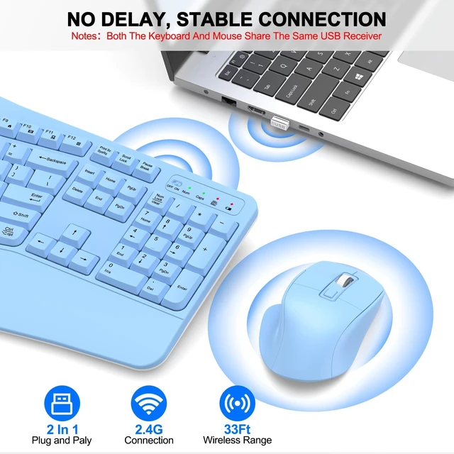 Alt view image 5 of 5 - Wireless Keyboard and Mouse Combo, 2.4G Ergonomic Wave Keys(Sky Blue)