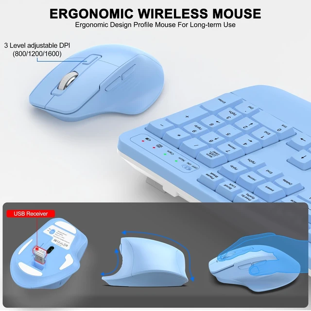 Alt view image 4 of 5 - Wireless Keyboard and Mouse Combo, 2.4G Ergonomic Wave Keys(Sky Blue)