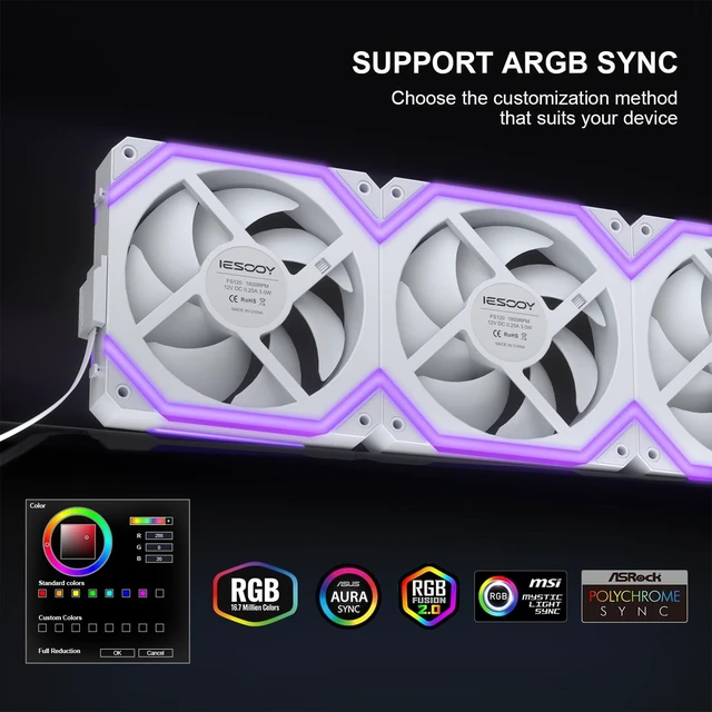 Alt view image 2 of 5 - Iesooy ARGB Cooling Fan, Modular Stackable Splicing PWM Silent for Cases CPU Liquid Coolers, 1800 RPM, 120mm PC Case Fan, ARGB Async Mode/Sync Mode, Daisy Chain PWM PC RGB Fans White, Reverse
