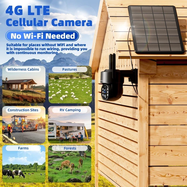 Alt view image 2 of 5 - Lybuorze Industrial-Grade Black 4G LTE Solar Security Camera Outdoor, No WiFi Needed, 4MP HD, 360 View, Built-in SIM, AI Motion Detection, 2-Way Talk for Ranch/Jobsite/Construction