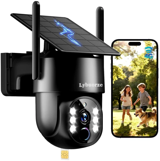Main image of Lybuorze Industrial-Grade Black 4G LTE Solar Security Camera Outdoor, No WiFi Needed, 4MP HD, 360 View, Built-in SIM, AI Motion Detection, 2-Way Talk for Ranch/Jobsite/Construction
