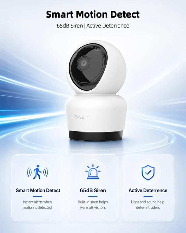 Alt view image 5 of 5 - Swann 3K Indoor Pan Tilt WiFi Security Camera, 5MP Plug-in Home PT Camera with Night Vision, Two-Way Audio, Human Motion Detection, Work Security APP