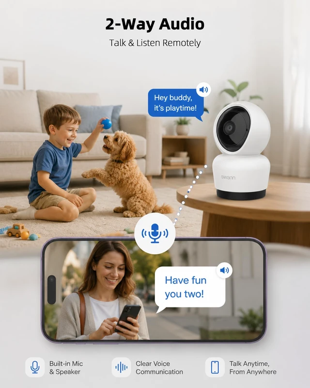 Alt view image 4 of 5 - Swann 3K Indoor Pan Tilt WiFi Security Camera, 5MP Plug-in Home PT Camera with Night Vision, Two-Way Audio, Human Motion Detection, Work Security APP