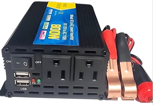 Main image of High-Power DC to AC Power Inverter 12V to 110V Converter with Dual USB Ports, Dual AC Outlets, Cigarette Lighter Adapter, Battery Cable for Cars, Trucks, RVs, Home Backup (Black, 800W)