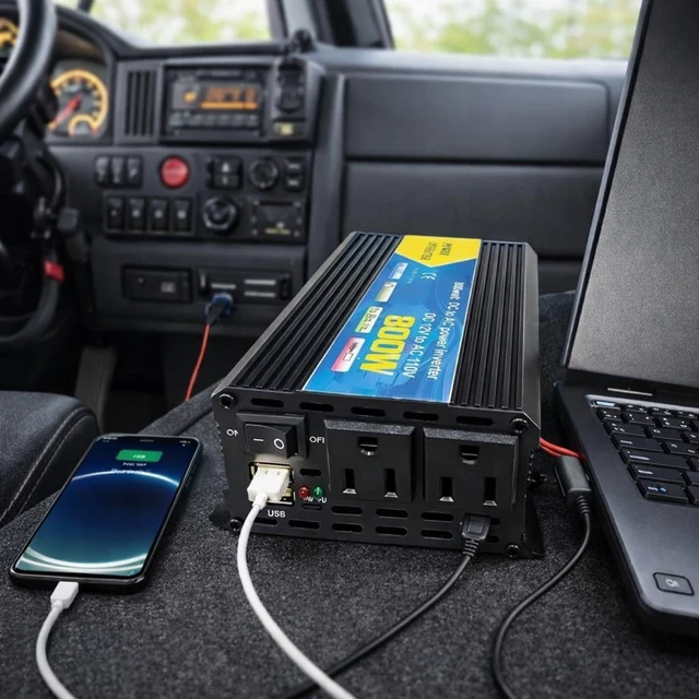 Alt view image 3 of 5 - High-Power DC to AC Power Inverter 12V to 110V Converter with Dual USB Ports, Dual AC Outlets, Cigarette Lighter Adapter, Battery Cable for Cars, Trucks, RVs, Home Backup (Black, 800W)