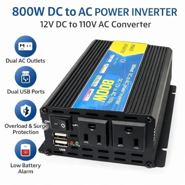Alt view image 2 of 5 - High-Power DC to AC Power Inverter 12V to 110V Converter with Dual USB Ports, Dual AC Outlets, Cigarette Lighter Adapter, Battery Cable for Cars, Trucks, RVs, Home Backup (Black, 800W)